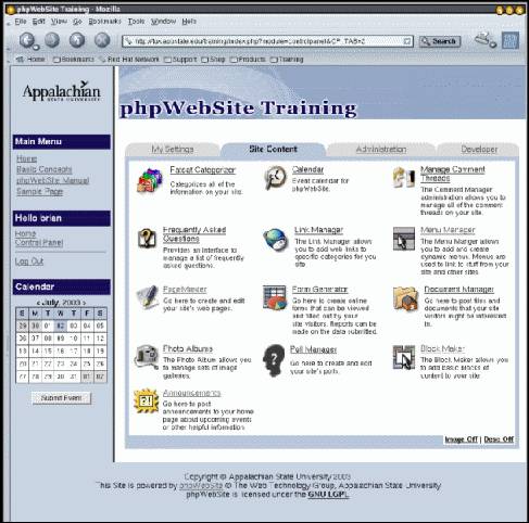 Figure 4 Example of the phpWebSite Administrative Interface