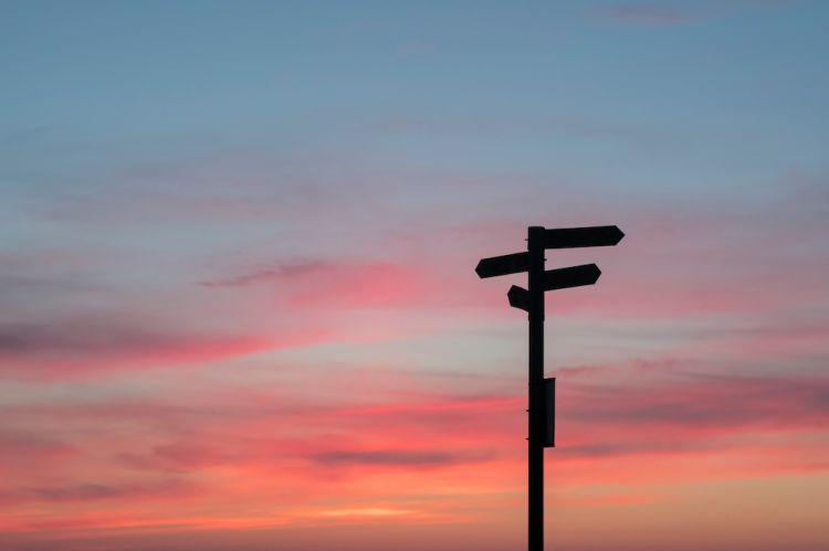 an outdoor sign with multiple direction arrows