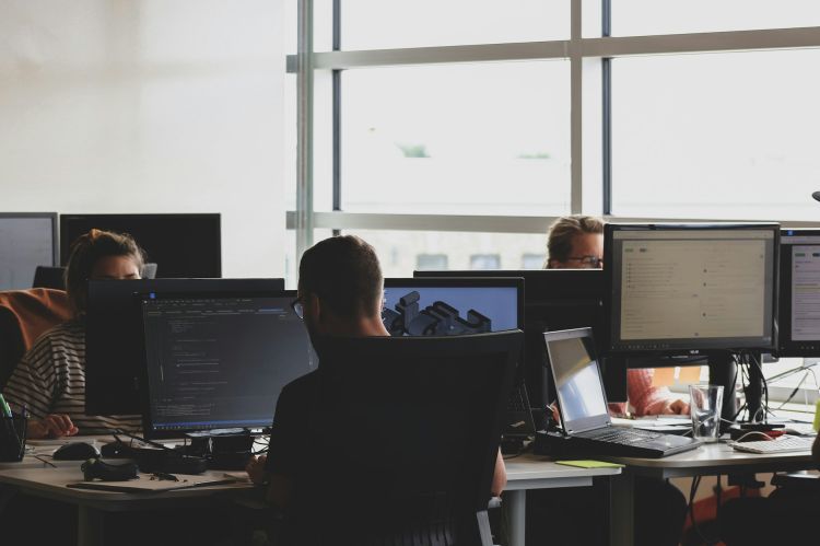 people sitting on a chair in front of computer monitor
